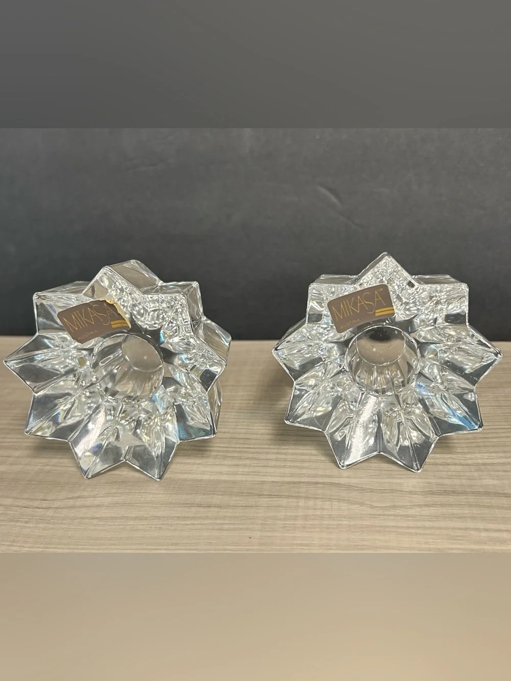 Mikasa Vintage Set of 2 Lead Crystal Glass Taper Candle Holders Retired “Comet”